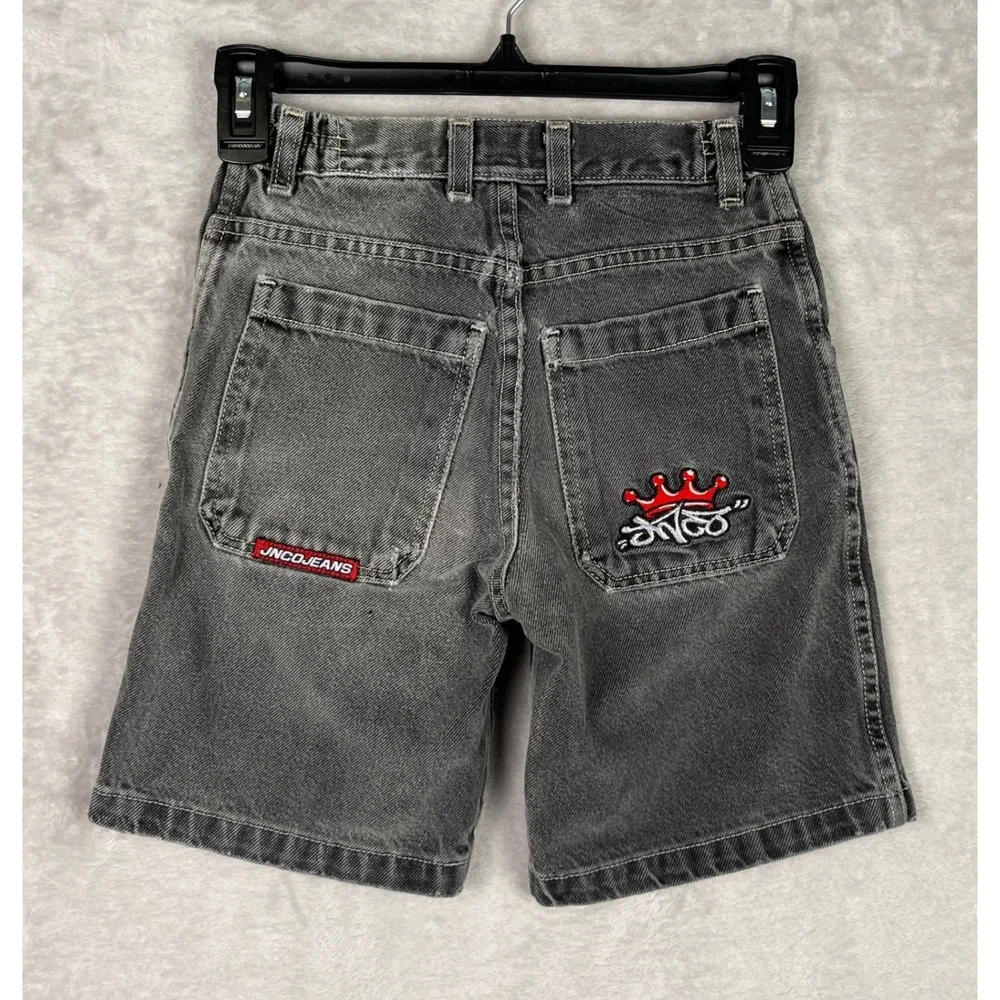 Vintage JNCO Jeans Boys Black Denim Shorts Crown Logo Embroidered Size 6 Y2K